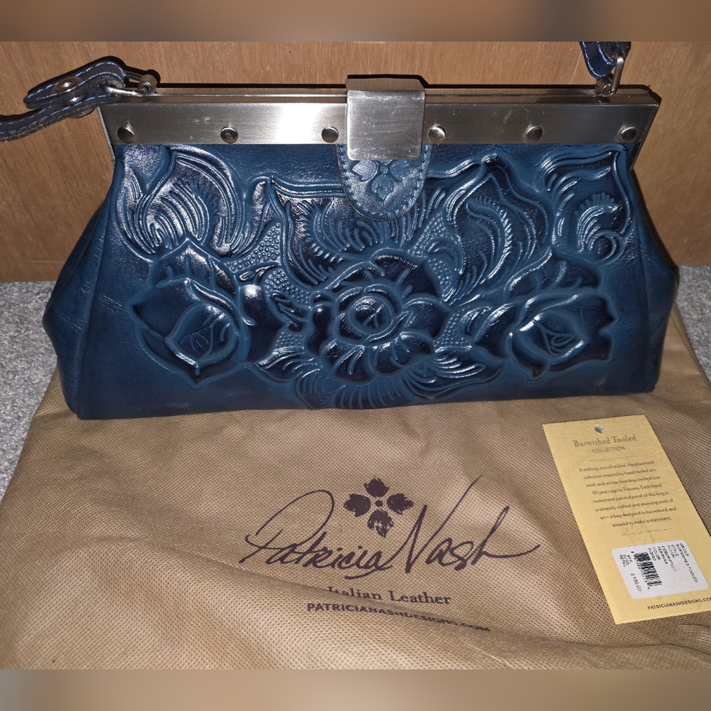 Patricia Nash Blue Tooled Leather Frame Clutch